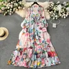 Vestidos casuais moda pista linda flor chiffon cascading babados vestido mulheres profundo decote em v manga longa floral impressão boho robe vestido 2024