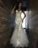Nouveau luxe Bling Sparkle robes de bal sirène blanc col en v profond perlé cristal longue robe de bal en Tulle robes de soirée 302