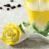 Creative Fashion 3D Rose Shape Flower Emamel Ceramic Coffee Tea Cup and Saucer Spoon Set Porslin Water Cup Valentine Day Gift 240304