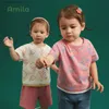 T-shirty Amila Girls T-shirt bawełniany sens porcelanowy bawełna 2022 Summer New Boys Baby Summer Dreyble Około szyi L240311
