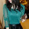 Women's T Shirts Goth Shiny Silk T-shirt Women Mesh Bottom Shirt Long Sleeve Sexy Tops Skinny Korean Chic Y2k Clothes