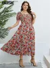 Urban Sexy Dresses GIBSIE Blumendruck Quadratischer Ausschnitt Puffärmel Kleid Damen Plus Size Urlaub Boho Strand Rüschensaum A-Linie Sommer Lange Kleider 2023 L240309