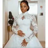 Size Plus Mermaid Wedding Aso Ebi Sheer Neck High Bride Dress Long Sleeves Dresses African Arabic Charming Train Formal Bridal Gowns es