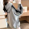 Grau gestreiftes Kapuzenoberteil Damen Sweatshirt Sport Schöne Farbe Hoodies Damenbekleidung Herbst- und Wintertrend Y 2k Vintage Baumwolle E 240309