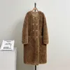 Haining Fur Winter New Double Breadted Buckle Sheep Cut Fleece Women's Long Lamb Wool Coat 427093