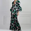 Casual Jurken Vrouwen Elegant Party Lange 2024 Sexy Diepe V Bloemenprint Gewaad Jurk Vintage Lantaarn Mouw Geplooide Bohemian vestidos