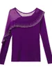 Kvinnors T -skjortor 2024 Spring Autumn Fashion Mesh Patchwork Diamond Tops Ruffle Lång ärmskjorta Slim Fit Women