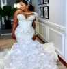 Arabic Aso Ebi Plus Size Mermaid White Wedding Dress For Bride Lace Beaded Tiers Organza Bridal Gowns Dresses ZJ047