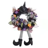 Couronne d'Halloween de fleurs décoratives avec bande de jambe de sorcière imprimée citrouille deux longues jambes couronnes de guirlande de festival pour portes fenêtre Decora