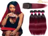 Poules à cheveux humains bordeaux bordeaux vierge Péruviens malaisiens droits ombre tissages avec fermeture en dentelle 1b 99J vin rouge coloré ext6555770