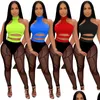 Kvinnors träningsdräkter y Två stycken Set Women Clothing Set Rave Festival Party Club Outfits For Halter Crop Tops och Mesh Sheer Leggings Dhtua