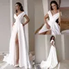 Boho Tuin Een Lijn Bruidsjurken Eenvoudig Satijn Off-Shoulder Sexy Hoge Split Strand Bescheiden Bruidsjurken Sweep Trein vestidos De Nov251e