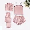 Kvinnors sömnkläder Summer Ice Silk Pyjamas Set Women 4 Piece Home Suit Fashion Slim Seamless Nightwear Satin Clothes Conjuntos de Pijama