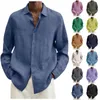 Мужские рубашки, повседневные хлопковые льняные топы, весна-лето 2023, однотонные блузки с длинными рукавами, однобортные мужские верхние одежды 240306