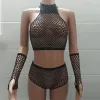 Sexiga kvinnor Fishnet Set Women's Tracksuits Shiny Solid Two Piece Halter Crop Top Shorts 2 Pieces Hollow Out Crochet Lady Tracksuits