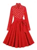 Casual Kleider 2024 Retro Bogen Hals Button Up Polka Dot Rot Elegante Kleid Herbst Winter Kleidung Frauen Langarm Gürtel pinup Vintage