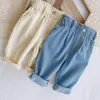 Calças primavera bebê meninos cor sólida jeans crianças roupas de algodão da criança meninas calças de cintura alta babys harem calças