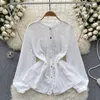 Frauen Blusen Boho Elegante Camisas De Mujer Oansatz Puff Sleeve Weißes Hemd Frauen Häkeln Aushöhlen Weibliche Einreiher Tops drop