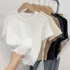 2024 Ny bomullst-shirt Solid Color Round Neck Slim Fit T-shirt för kvinnor på sommaren av trendiga och ålder och reducerar fiskben kort axeltröja