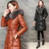 Fur 2022 Black Leather Fur Overcoat Women Imitation Fox Fur Collar Long Fashion Hooded Coats PU Leather Cotton Coat Belt Outerwear