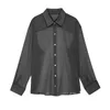 Blouses Femmes Femmes Sheer Button Up Blouse Top Y2K Col à revers Manches longues Voir à travers Vintage Mesh T-shirt Streetwear