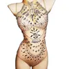 Stage Wear Shining Diamonds Nude Mesh See Through Bodysuits Stretch Sleeveless Halter Leotard Nightclub Singer Dancer Show