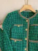 Caída de las señoras coreanas de alta calidad a cuadros verdes o cuello Tweed lentejuelas chaquetas abrigo elegante prendas de vestir exteriores mujeres bolsillo chaqueta corta de invierno 240226