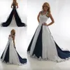 Marineblaues Vintage und weißes Landkleid Halfter Spitze Spitzenflecken Western Cowgirls Kleider Plus Größe Hochzeitskleid es