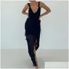 Grundläggande avslappnade klänningar y Deep v Neck Backless See Through Dresses Woemen Chic Ruffles Trim Split Long Dress Elegant Lady Club Party N Dhkuy