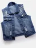 Women's Vests Denim Women Vest Luxury Pearls Fashion Ripped Autumn Jeans Jacket Sleeveless Loose Short Coat Causal Waistcoats 5XL