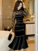 Casual Kleider Vintage Gold Samt Abend Lange Elegante Hübsche frauen Kleidung Mujer Damen Sheer Dünnes Kleid Vestidos Party Prom robe