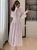 Elegant Casual Dresses 2024 New Spring /Autumn Luxury Diamond Tassel Fold Bright Silk Dress Women's Slim Waist Lantern Sleeve Ruffle Long Dress