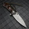 Tactical Assisted Opening Folding Knife Wooden Handle Damascus Steel Blade Outdoor Tool Survival with Leather Sheath