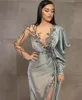 Silver Sheath Long Sleeves Evening Dresses Wear Illusion Crystal Beading High Side Split Floor Length Party Dress Prom Gowns Open Back Robes De YD