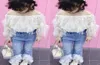 Toddler Kids Clothes Set Baby Girl Lace Off Shoulder T Shirt Tops Destroyed Ripped Jeans Flare Pants Children Outfits 2Pcs 1901530