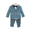 Spring Autumn Child Double Breasted Suit Set Boys Pure Color Blazer Pants 2st Clothing Set Kids Host Party Performance Costume 240304