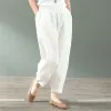 Capris 2023 nova primavera e verão arte retro preguiçoso cintura alta bolso sólido solto e versátil cinta rabanete calças femininas pai calças