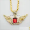 Pendentif Colliers Hip Hop Angel Wings avec grand collier de pierre rouge 76cm chaîne de corde strass incrusté aile collier hommes femmes glacé Dhhoi