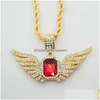 Hänghalsband Hip Hop Angel Wings med Big Red Stone Halsband 76 cm repkedja Rhinestone inlagd vinghalspän