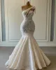 Plus Size Arabic Aso Ebi Luxurious Lace Beaded Wedding Dresses One Shoulder Mermaid Bridal Dresses Vintage Wedding Gowns