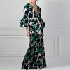 Casual Dresses Women Elegant Party Long 2024 Sexig Deep V Flower Print Robe Dress Vintage Lantern Sleeve Pleated Bohemian Vestidos