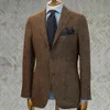 Mens Suit Brown Blazer Prom Tuxedos HerringBone Wool Tweed Single Breasted Formal Bussiness Jacket för Weddingonly Coat 240304