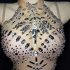 Stage Wear Shining Diamonds Nude Mesh See Through Bodysuits Stretch Sleeveless Halter Leotard Nightclub Singer Dancer Show