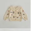 Childrens Cute Knitted Sweater Baby Girls Spring Autumn Flower Embroidery Lace Collar Single Breasted ONeck Cardigan 240301