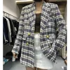 Koreańskie mody Tweeed Blazers Kobiety Fall Vintage podwójnie piersi bawełniany bawełniany kąt