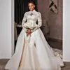 Size Plus Mermaid Wedding Aso Ebi Sheer Neck High Bride Dress Long Sleeves Dresses African Arabic Charming Train Formal Bridal Gowns es