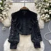 Women's Blouses High Quality Embroidery Vintage Shirt Women Stand Collar Long Sleeve Ruffles Sweet Top Hollow Out Lace Loose Blouse 2024