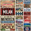 Metallmålning Metallskylt Heminredning Famous City Tinplates Plate Plack Vintage Tin Sign For Bar Pub Man Cave Club Wall Decoration Art Garage T240309