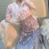 Work Dresses Women Skirt Suits Vintage Floral Office Lady Y2k High Waist Elegant Casual Party Split Lace Blouse Sets Streetwear Summer