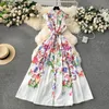 Casual Dresses Runway Summer Holiday Gorgeous Flower Long Dress Women's Stand Sleeveless Single Breasted Belt Floral Print Long Vestidos 2024